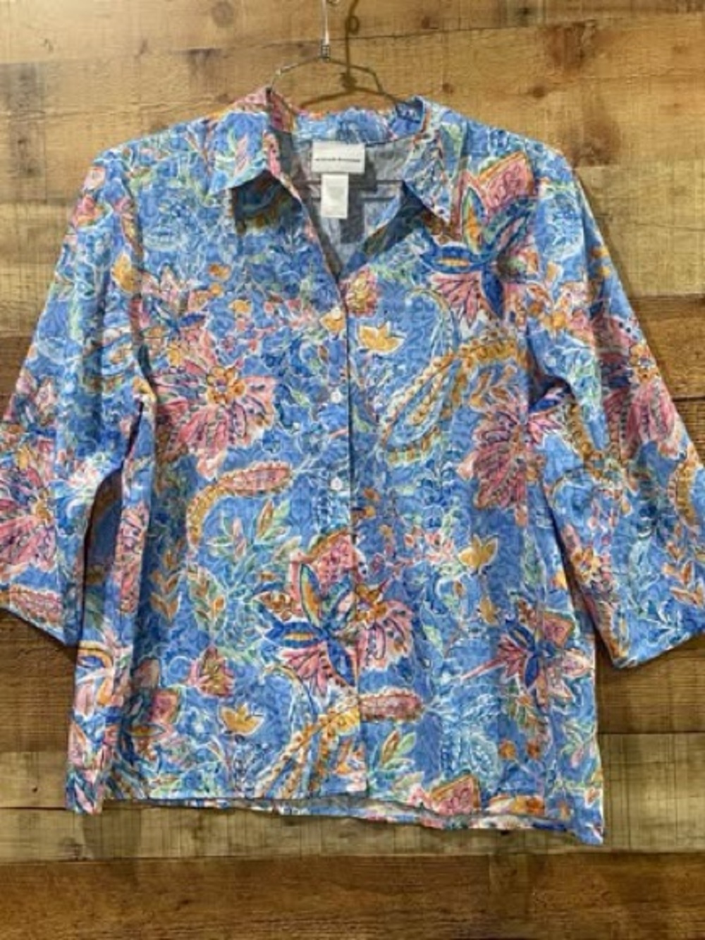 Alfred Dunner Blue Floral Colorful Button-Front Shirt Size Large